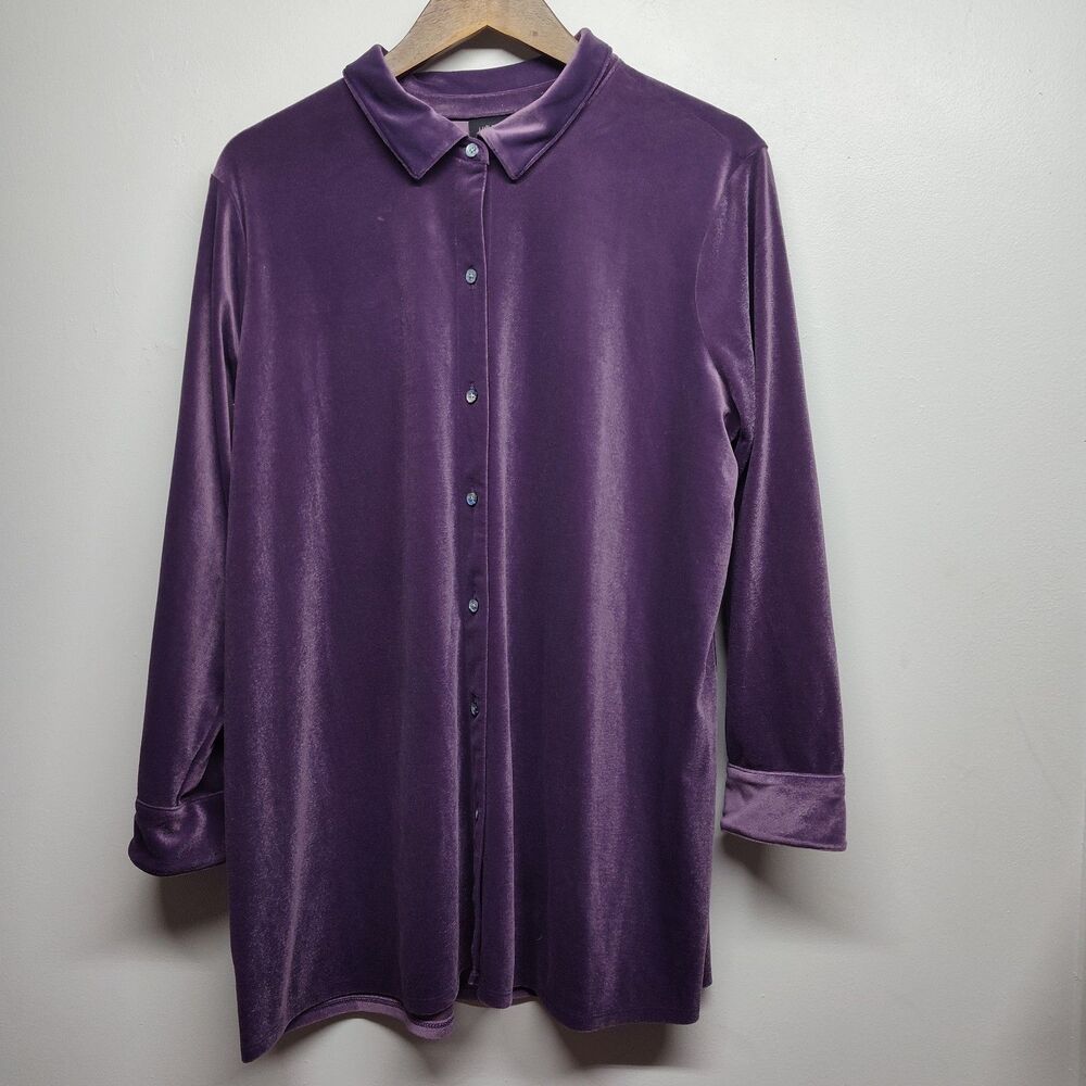 J. Jill Velvet Mini Shirt Dress Women Size XL Petite Purple Long Sleeve Casual